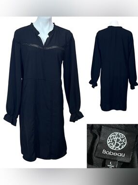bobeau dress sz L Black Long-Sleeve Ruffle Cuff Shift V-neck office church